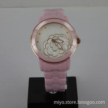 Pink Ceramic Watch with Embossed Pattern Dial, Japan Movement, Fancy/Stylish and Nice Color Ways